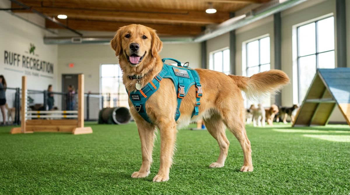 Golden Retriever wearing Ruffwear harness at an indoor dog park