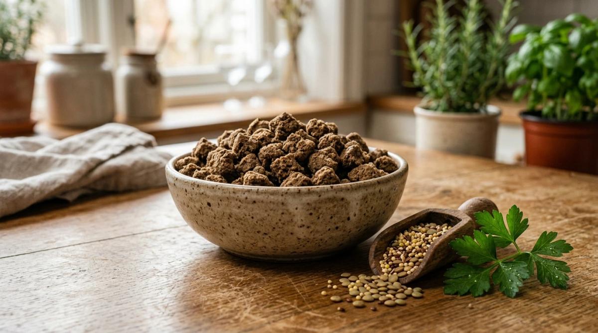 A bowl of Carna4 Easy Chew air-dried dog food on a rustic wooden table, surrounded by fresh ingredients like sprouted seeds and parsley.