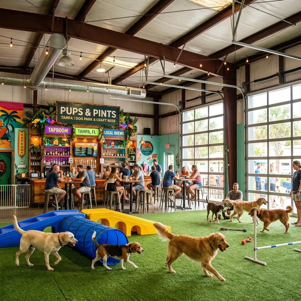 Dogs playing on agility equipment inside a bright, warehouse-style dog taproom in Tampa, FL