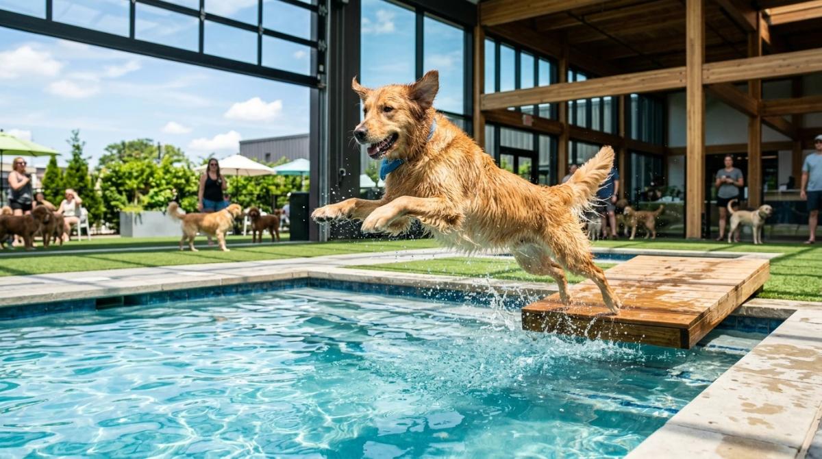 A happy Golden Retriever jumping mid-air into a crystal clear swimming pool at a premium dog park, with a large indoor climate-controlled pavilion in the background.