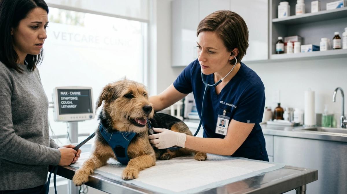 A female veterinarian using a stethoscope to examine a coughing, slightly lethargic mixed-breed dog while the concerned owner watches in a bright, modern veterinary clinic.