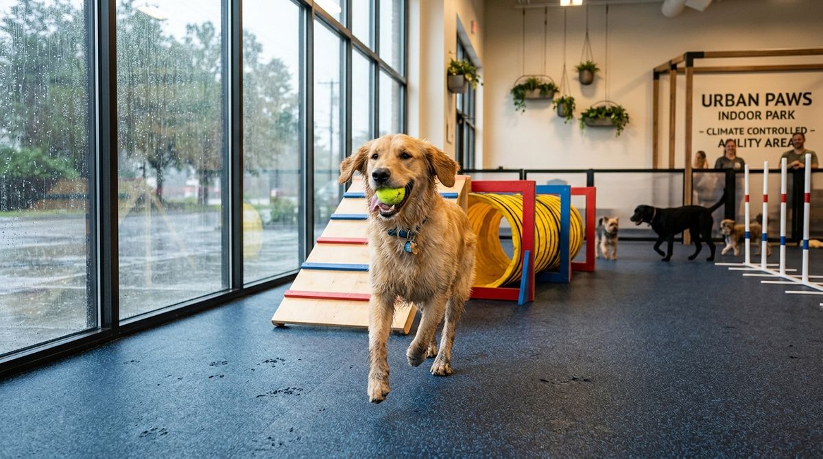 A happy Golden Retriever playing fetch with a tennis ball on rubberized flooring inside a premium, climate-controlled indoor dog park, while heavy rain falls outside large glass windows.