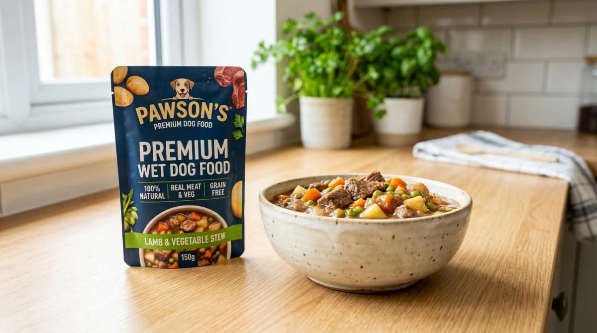 A pouch of premium wet dog food sitting next to a ceramic bowl filled with chunky lamb and vegetable stew on a bright, modern wooden kitchen counter.