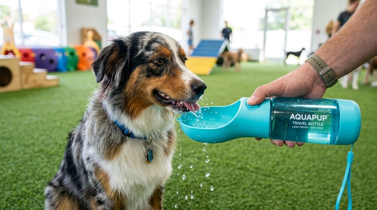 Australian Shepherd drinking from a portable dog water bottle