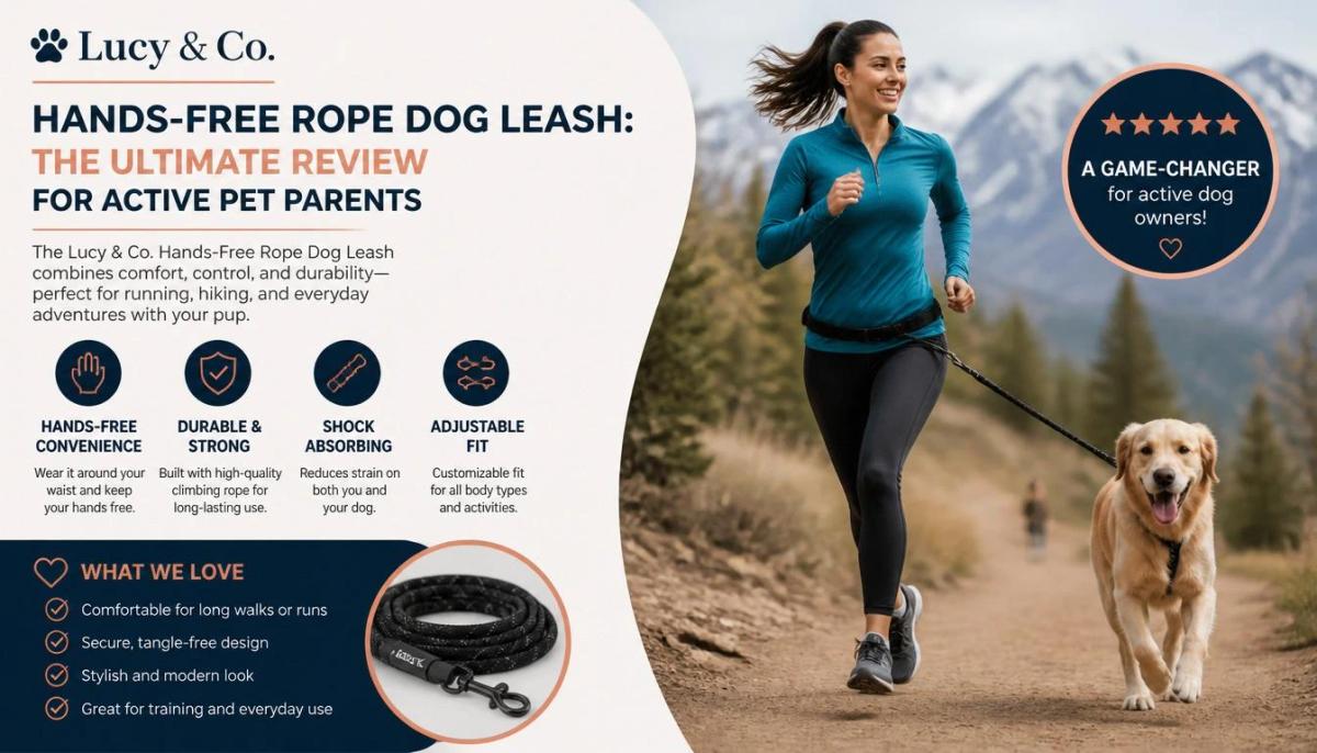 Infographic review of the Lucy & Co. Hands-Free Rope Dog Leash featuring a woman trail running with a Golden Retriever using the waist-belt configuration. The graphic highlights key features including hands-free convenience, durable climbing rope, shock absorption, and an adjustable fit, along with a 5-star rating.