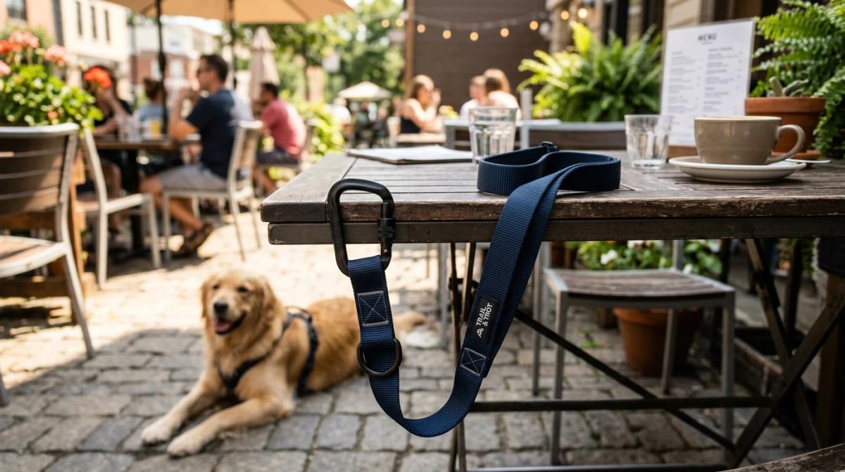 A heavy-duty blue BAYDOG Hudson nylon dog leash with its carabiner handle securely clipped to a wooden table at a sunny outdoor dog-friendly cafe patio, with a golden retriever resting in the background.