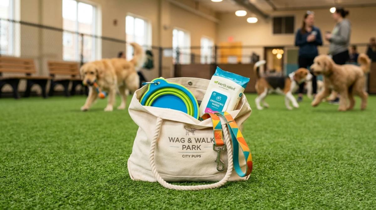A canvas tote bag packed with dog park essentials like a blue collapsible water bowl, grooming wipes, and a colorful leash, sitting on turf at an indoor dog park.
