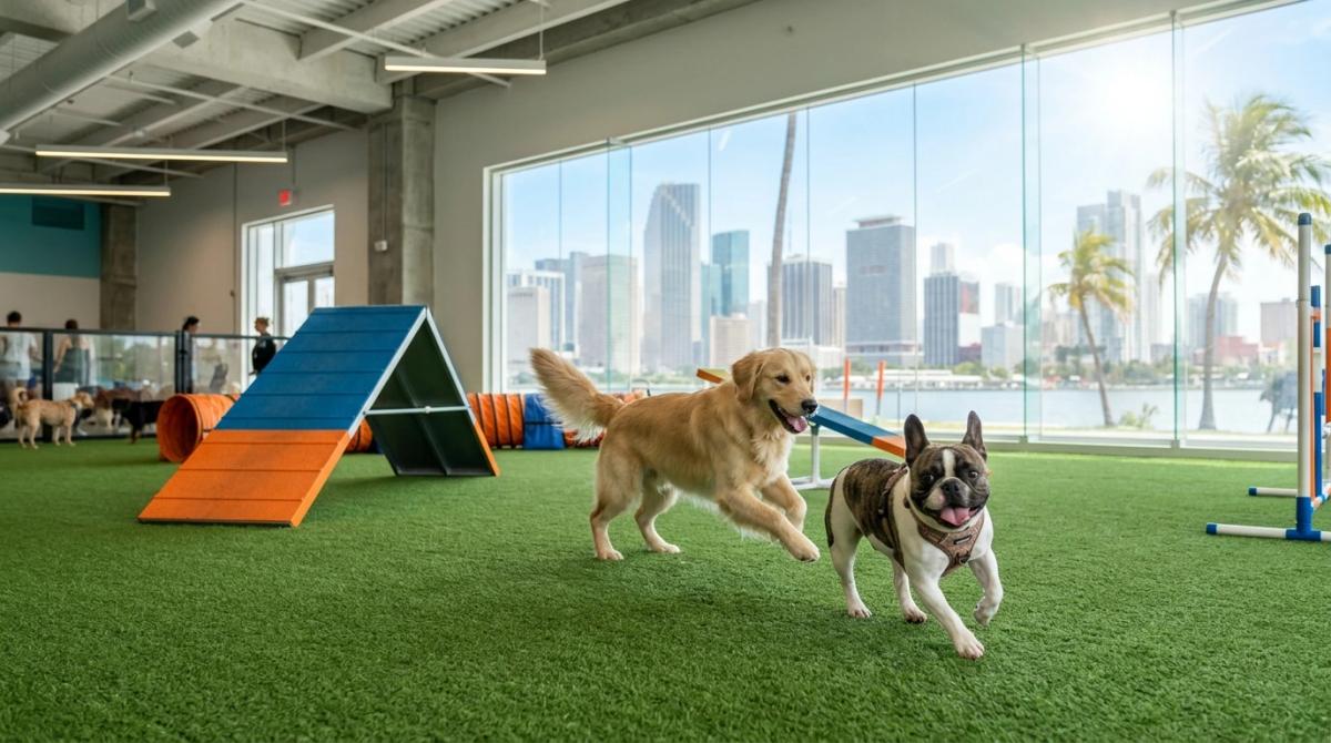A French Bulldog and a Golden Retriever playing together on green indoor turf at a climate-controlled dog park, with the hazy, sun-drenched Miami skyline visible through large glass windows.