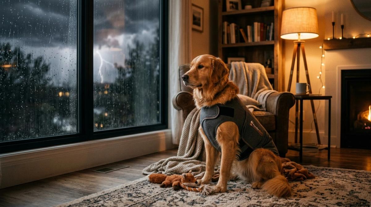 A Golden Retriever wearing a snug grey Thundershirt sitting safely and calmly inside a warmly lit living room while a thunderstorm flashes through the window.