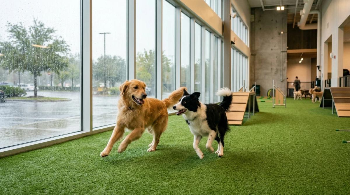 A Golden Retriever and a Border Collie running joyfully on bright green turf inside a modern, climate-controlled indoor dog park while rain pours against large floor-to-ceiling windows