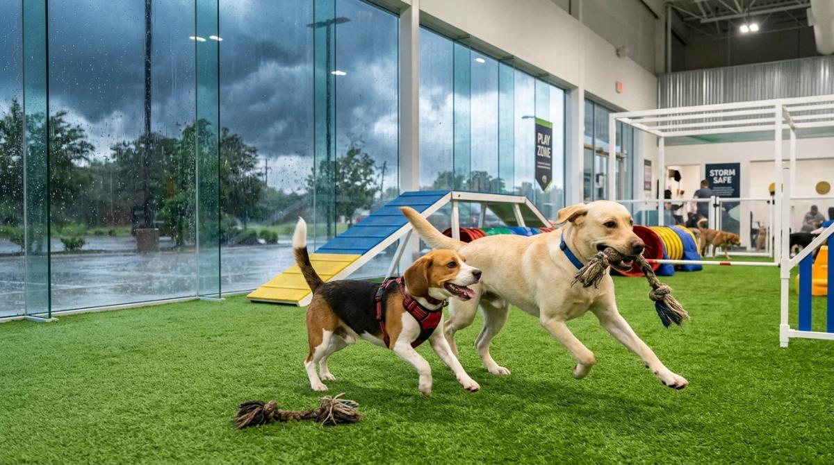 A Labrador Retriever and a Beagle playing together on green indoor turf at a climate-controlled dog park, while a heavy summer thunderstorm pours rain outside large glass windows