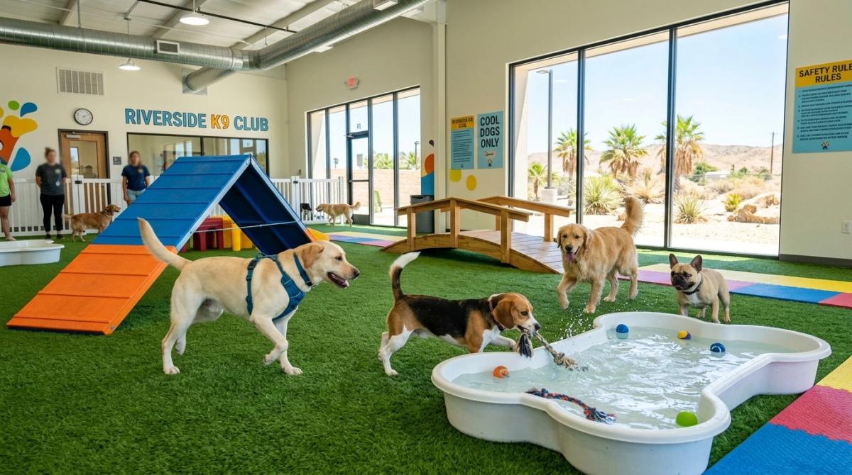 A Labrador Retriever and a Beagle playing near a bone-shaped wading pool on bright green synthetic turf inside a modern, highly air-conditioned indoor dog daycare in Riverside, California, with a blazing hot desert summer day visible through the large windows.