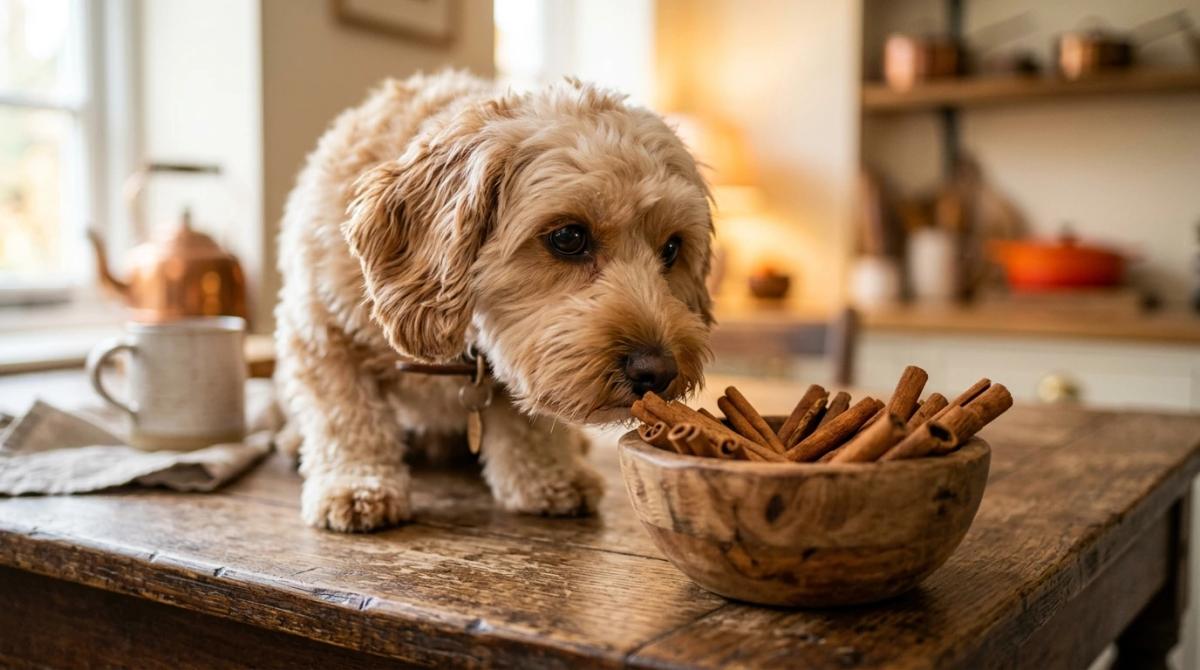 A cute, fluffy dog sitting on a rustic wooden kitchen table, curiously sniffing a small wooden bowl filled with cinnamon sticks.