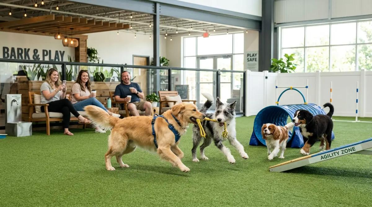  A bright, clean indoor dog park featuring artificial green turf, agility equipment, and several dogs playing happily while their owners relax and drink coffee in the background.