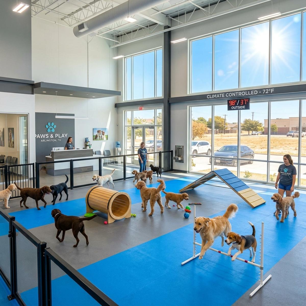 Various dog breeds playing on agility equipment inside a bright, modern indoor dog park in Arlington, TX, with a blazing hot sun visible through large windows.