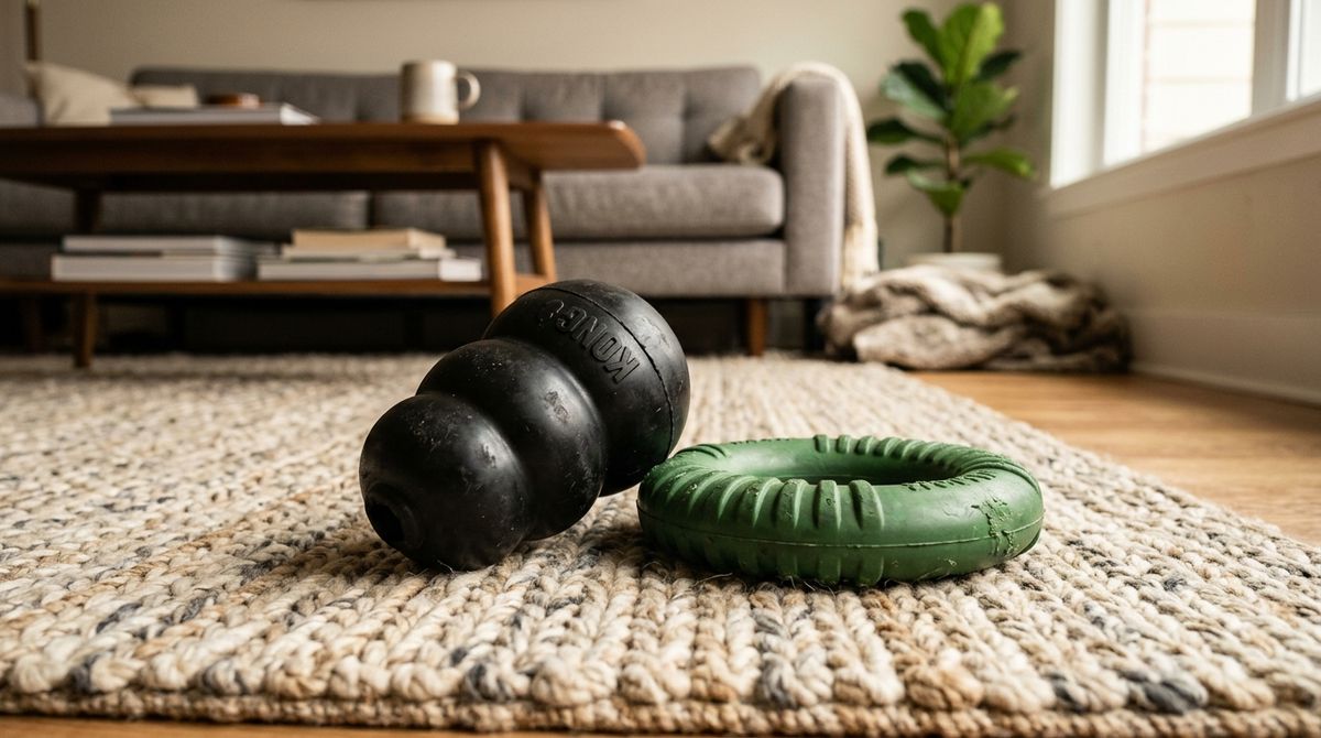 A black KONG Extreme and a green rubber Goughnuts chew ring resting on an indoor living room rug. Caption: Heavy-duty rubber toys are perfect for indoor play because they can withstand aggressive chewers without damaging hardwood floors or tile.