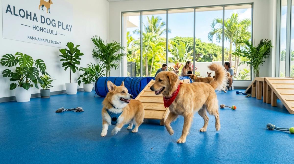 A playful Welsh Corgi and Golden Retriever enjoying agility ramps on blue rubberized flooring inside a bright, air-conditioned indoor dog park in Honolulu, with tropical palm trees visible through large windows.