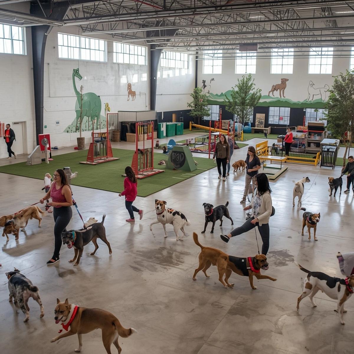 A spacious indoor dog park featuring multiple dogs and their owners socializing on a smooth floor, with an artificial turf agility course and playful animal murals in the background.