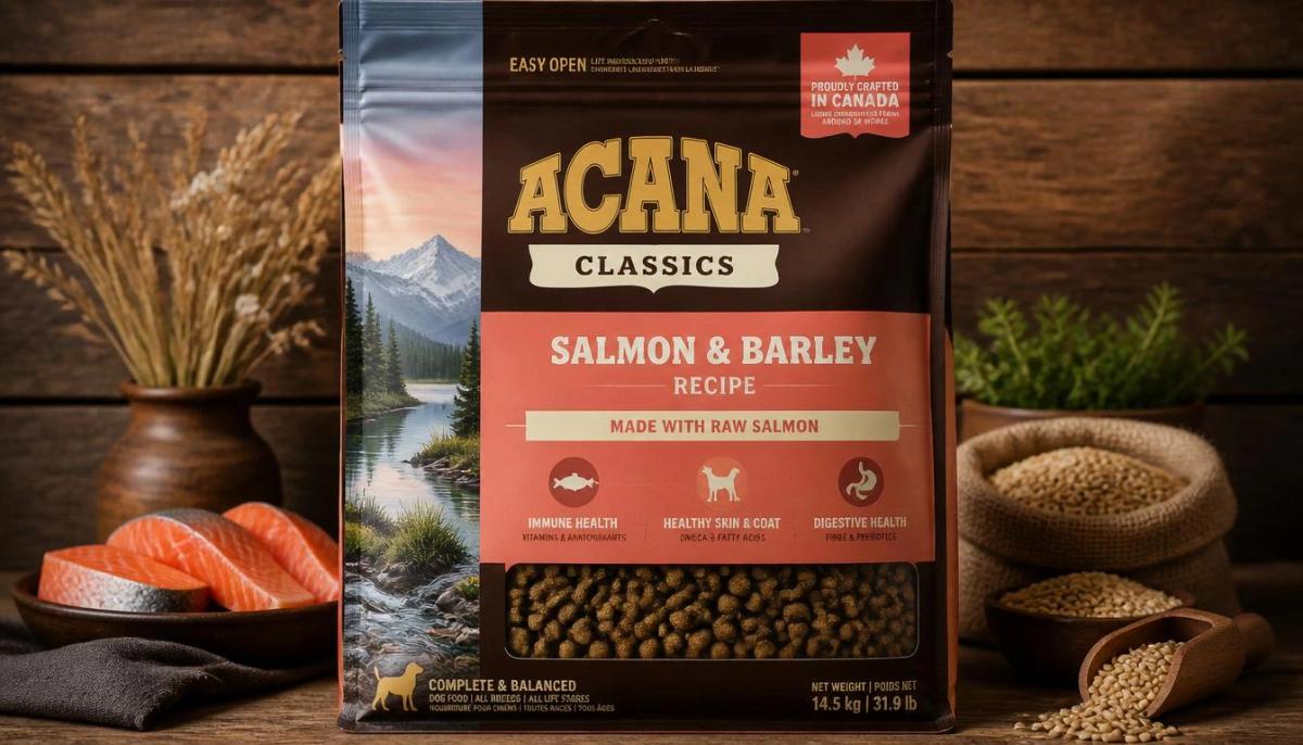 A bag of ACANA Classics Salmon & Barley Recipe dry dog food centered on a rustic wooden table, surrounded by its fresh core ingredients including two slices of raw salmon on the left and wholesome barley grains in a burlap sack and wooden scoop on the right.