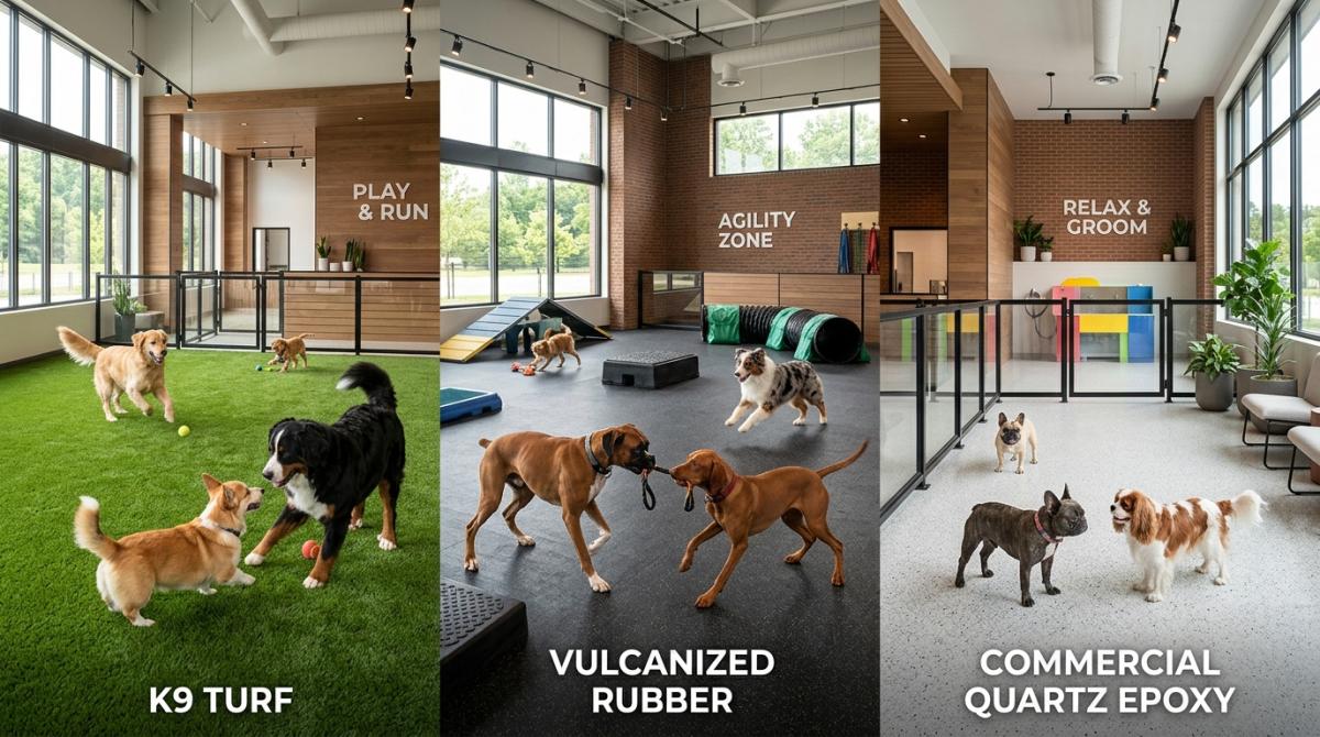 A split-screen comparison of three indoor dog park flooring materials: artificial K9 turf, vulcanized rubber, and commercial quartz epoxy, with dogs actively playing on each surface.