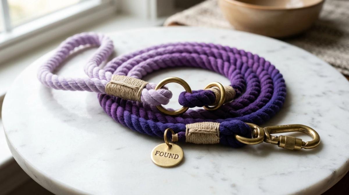A handcrafted marine-grade cotton rope dog leash featuring a purple ombre dye, solid brass O-rings, and a stamped 'FOUND' tag resting on white marble.
