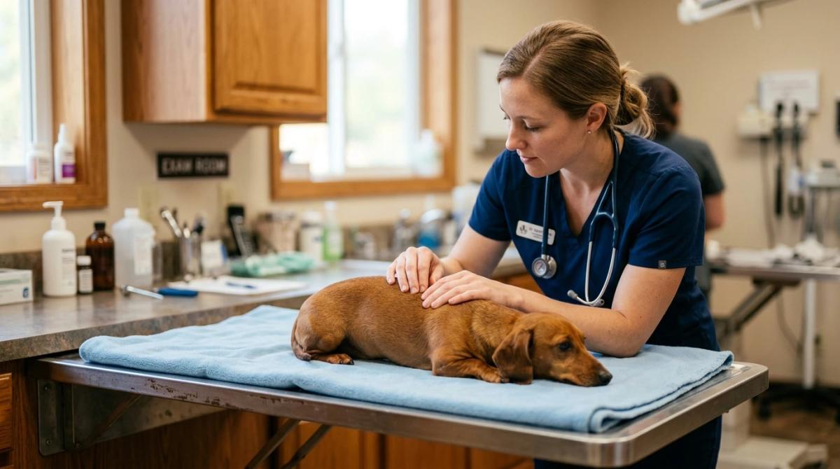 A compassionate female veterinarian gently examining the spine of a small brown Dachshund on a clean examination table in a brightly lit, modern vet clinic.
