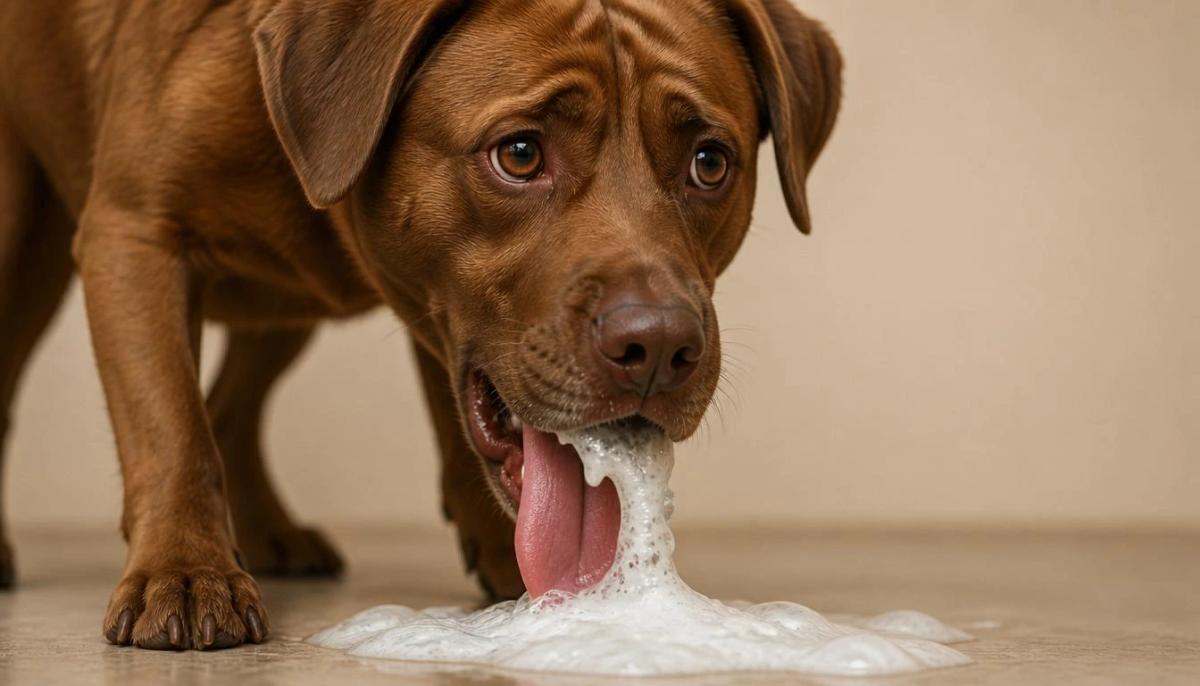 A distressed brown dog standing over a puddle of white, frothy foam it has just thrown up on the floor.