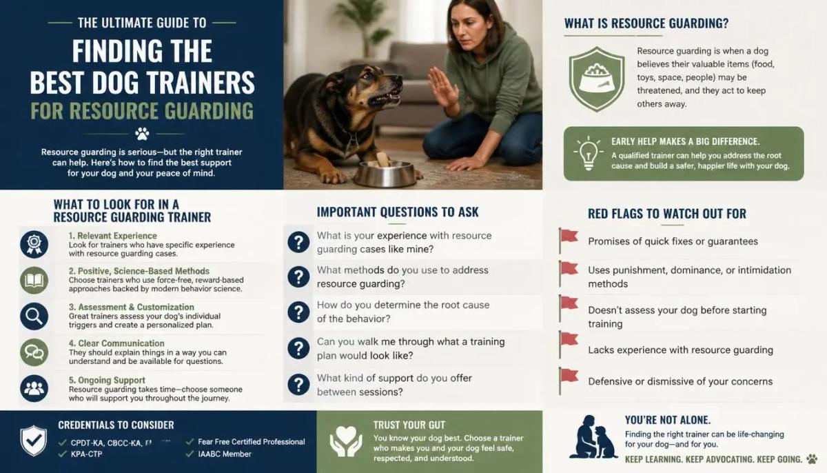 An infographic titled "The Ultimate Guide to Finding the Best Dog Trainers for Resource Guarding." It features a woman training a dog near a food bowl and lists what to look for in a trainer (like positive, science-based methods), important questions to ask during a consultation, red flags to watch out for (such as the use of punishment), and key credentials to consider like CPDT-KA and IAABC.