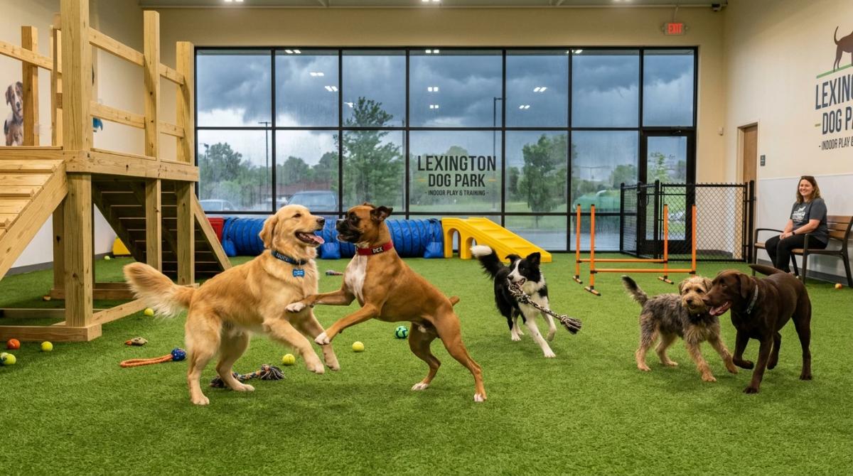 A Golden Retriever and a Boxer playing together on green synthetic turf inside a bright, climate-controlled indoor dog park in Lexington, Kentucky, with a stormy spring sky visible through the large windows.
