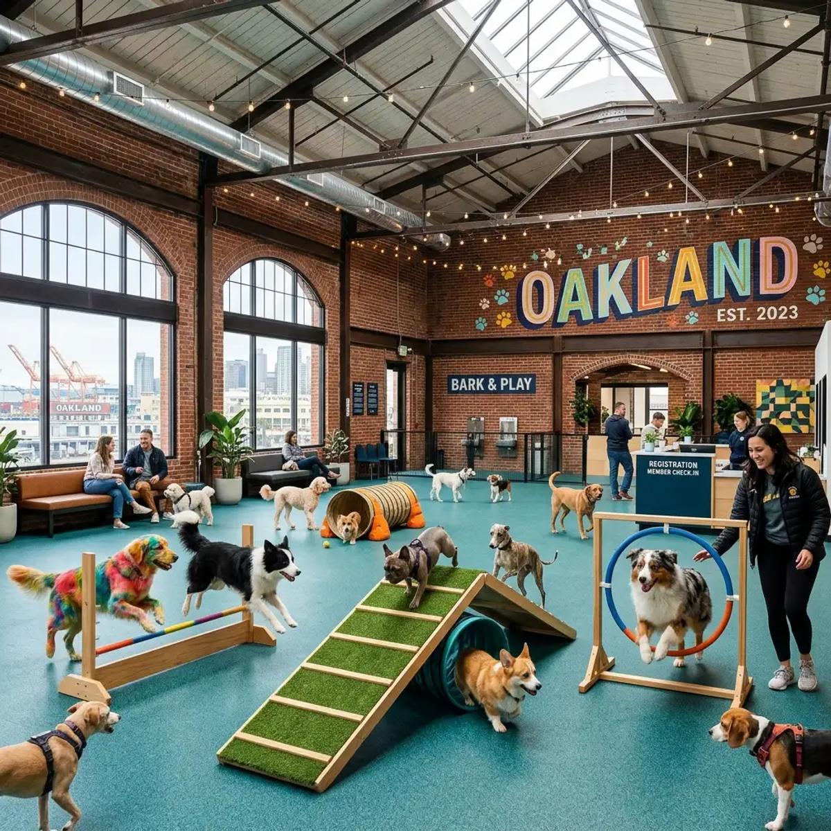 Various dog breeds playing on agility ramps in a bright indoor dog park in Oakland.