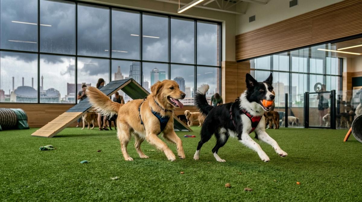 A golden retriever and a border collie playing together on green turf inside a modern indoor dog park, with the Kansas City skyline and stormy clouds visible through large windows.