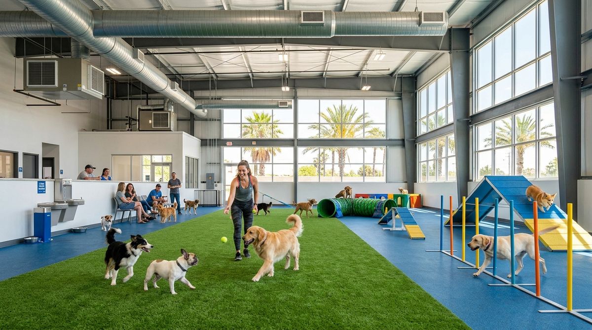 Dogs playing in a modern climate-controlled indoor dog park in Santa Ana, Orange County, California