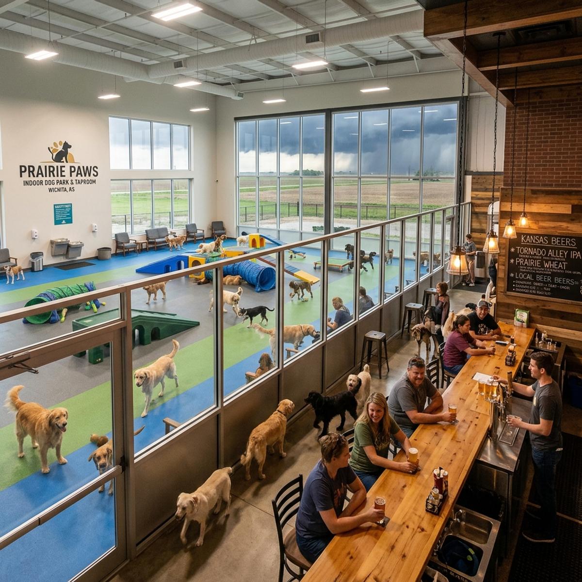 Various dog breeds playing on agility equipment inside a bright, modern indoor dog taproom in Wichita, KS, with a severe prairie storm visible through the windows.