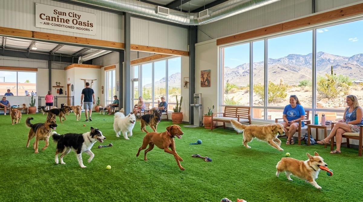 A bright, climate-controlled indoor dog park in El Paso, Texas, featuring dogs playing on clean artificial turf while owners relax in an air-conditioned oasis away from the desert heat.