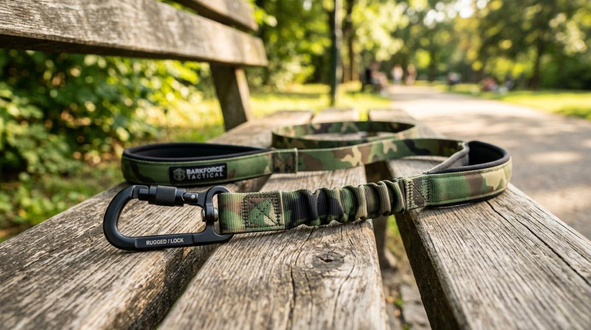 A high-quality green camo Boss Dog tactical leash with a heavy-duty locking carabiner and bungee section, resting on a rustic wooden bench at a sunny dog park.