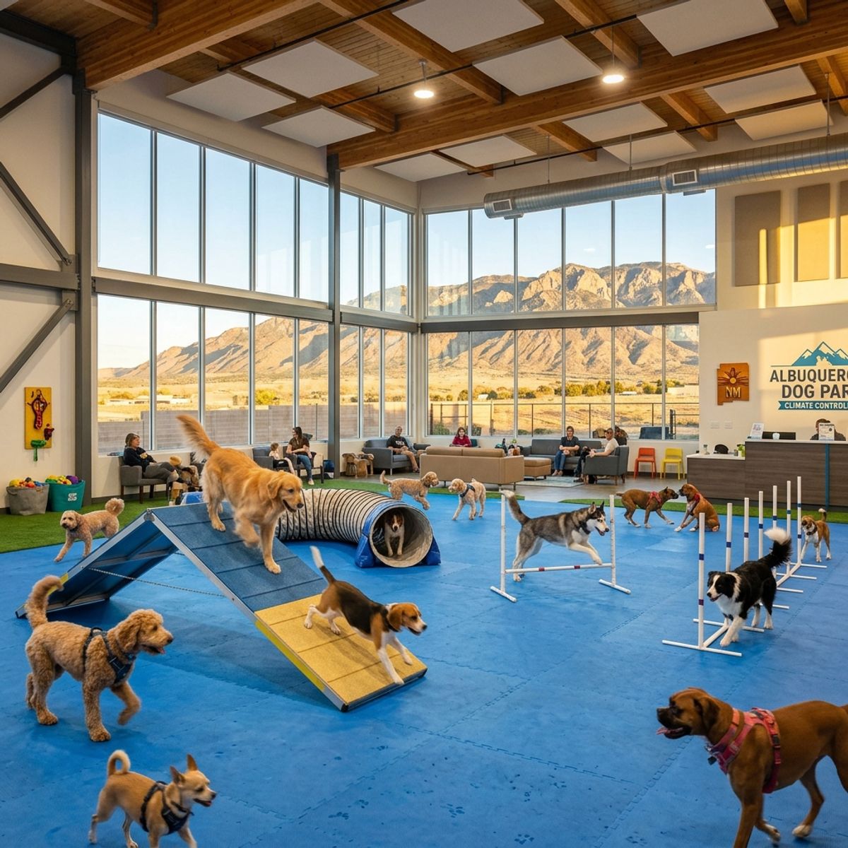 A spacious climate-controlled indoor dog play park in Albuquerque, NM with Sandia Mountain views through floor-to-ceiling windows, blue rubberized flooring, and agility obstacles.