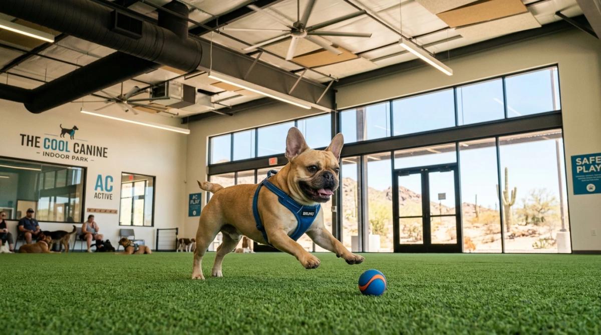 A French bulldog chasing a ball on green indoor turf inside a climate-controlled dog park, with the Arizona desert landscape and cacti visible through large windows in the background.
