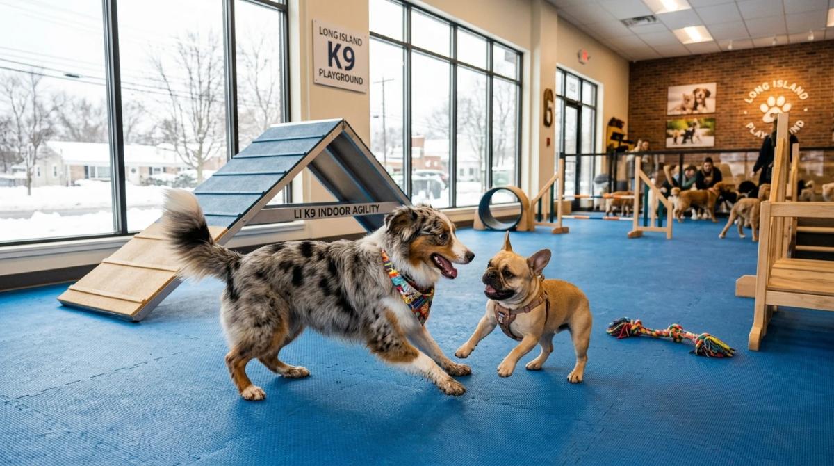 An Australian Shepherd and French Bulldog playing together on blue rubberized flooring inside a modern climate-controlled indoor dog park facility on Long Island, with winter snow visible through large windows.