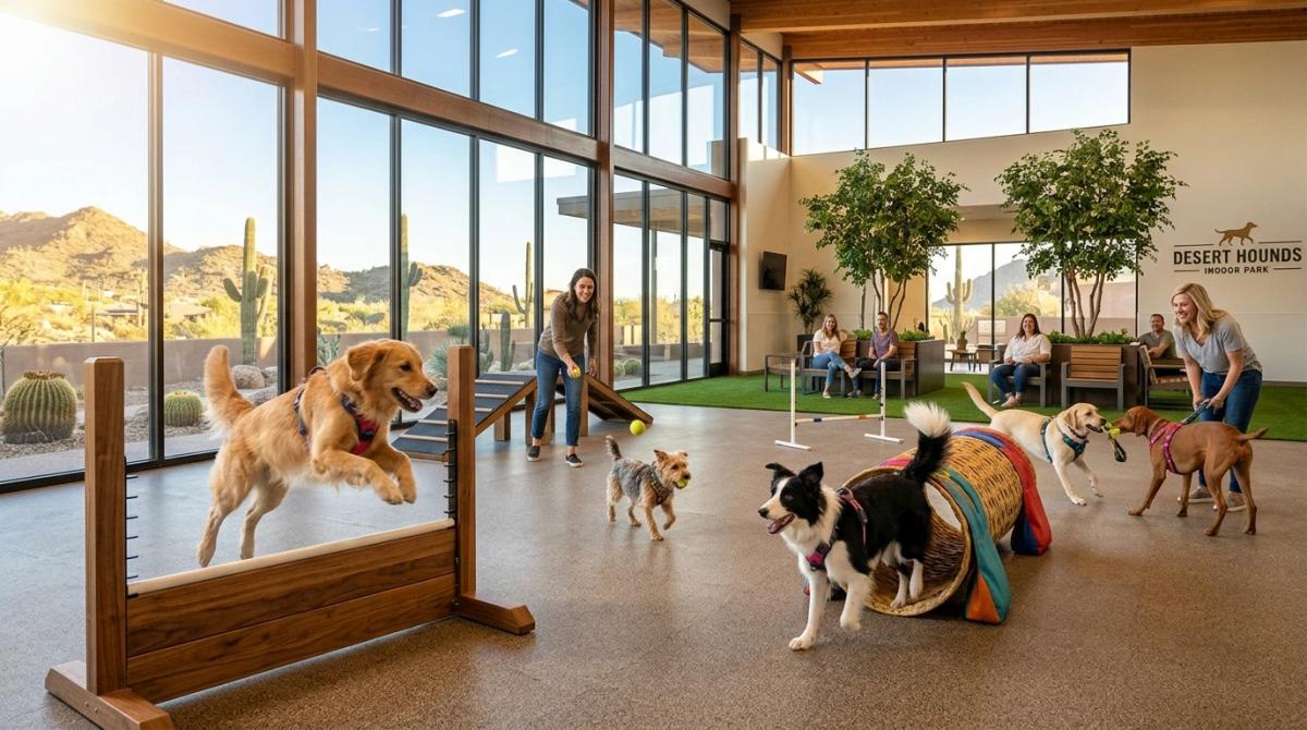 Happy dogs running and playing on indoor turf in a luxurious, climate-controlled dog park with desert sunlight streaming through large windows.
