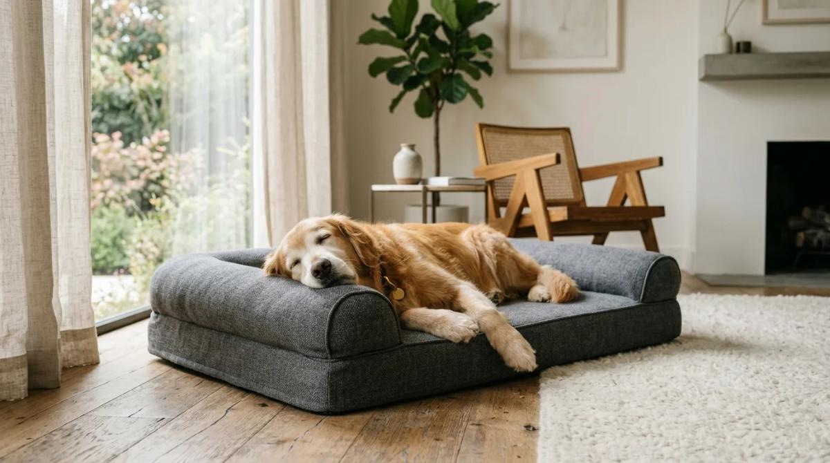 A senior Golden Retriever sleeping peacefully on a low-profile Bowsers Divine Futon dog bed in a modern, well-lit living room.