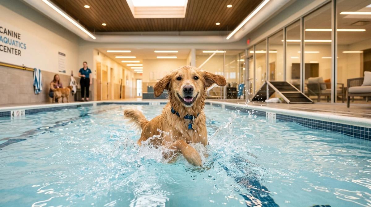 A Golden Retriever happily paddling and splashing in a clean, heated indoor dog swimming pool