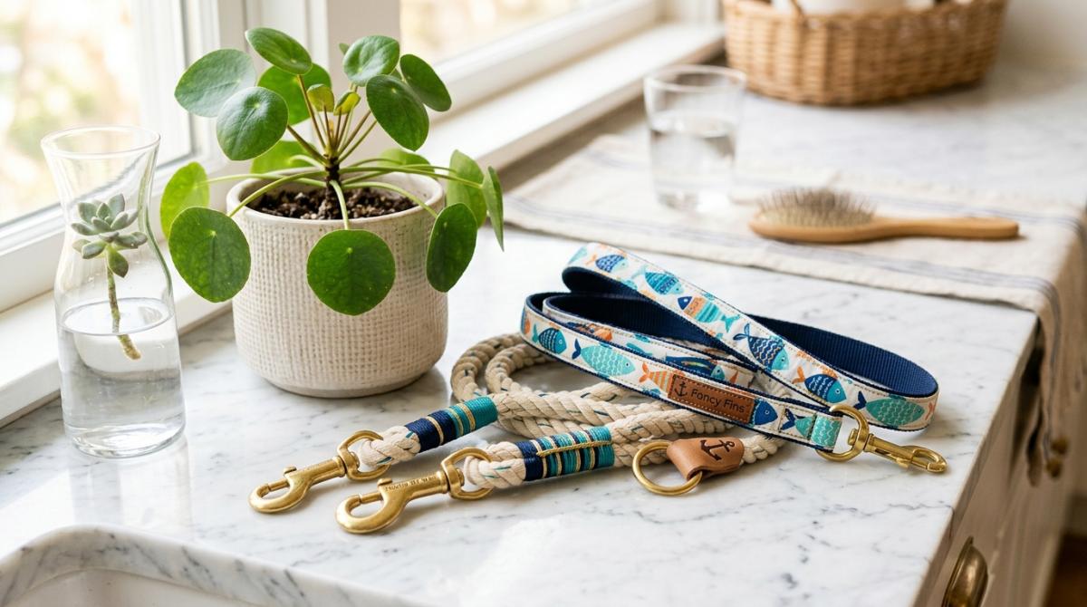A stylish, hand-woven marine-grade cotton rope dog leash with solid brass hardware, alongside a colorful nautical fancy fins fish patterned fabric leash on a white marble counter.