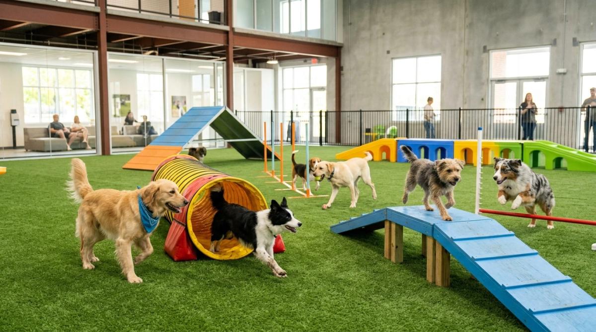 Happy dogs running and playing on artificial turf in a spacious, climate-controlled indoor dog park with colorful agility equipment.