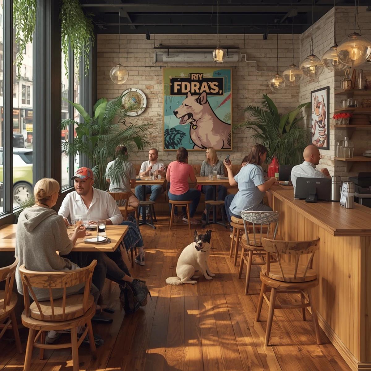 A small black and white dog sitting on the wooden floor of a sunlit, bustling dog-friendly cafe in New York City while patrons enjoy their meals at tables and the bar.
