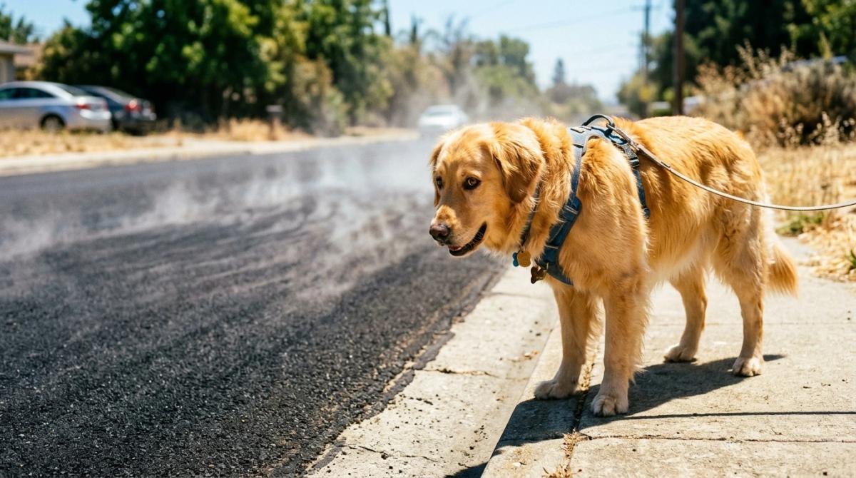 A concerned Golden Retriever standing on hot black asphalt during a sunny summer day, illustrating the dangers of hot pavement for dog paws.
