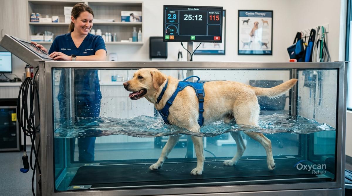 A happy Labrador Retriever walking on an underwater treadmill during veterinary physical therapy for a TPLO surgery recovery.