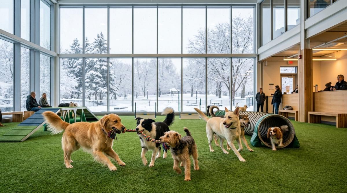 A bright, spacious indoor dog park with green artificial turf where several dogs are playing tug-of-war, with a freezing, snow-covered Milwaukee winter landscape visible through massive floor-to-ceiling windows.
