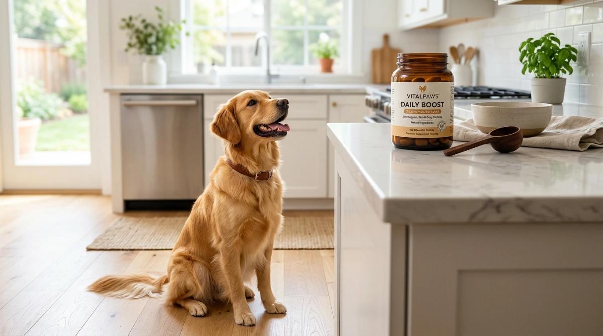 A healthy, happy Golden Retriever sitting on a modern kitchen floor, looking attentively at a sleek, premium jar of daily dog multivitamin chews resting on a white marble counter.