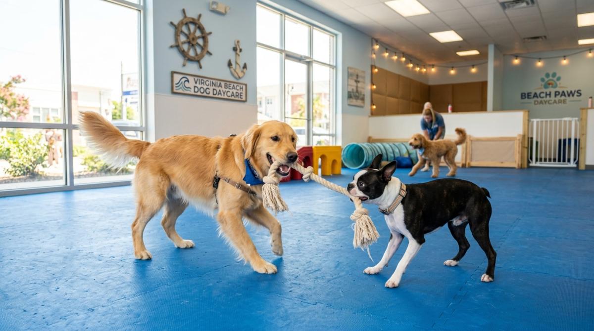 A happy Golden Retriever and a Boston Terrier playing tug-of-war with a thick rope toy on blue rubber flooring inside a clean, modern Virginia Beach indoor dog daycare with subtle nautical decor.