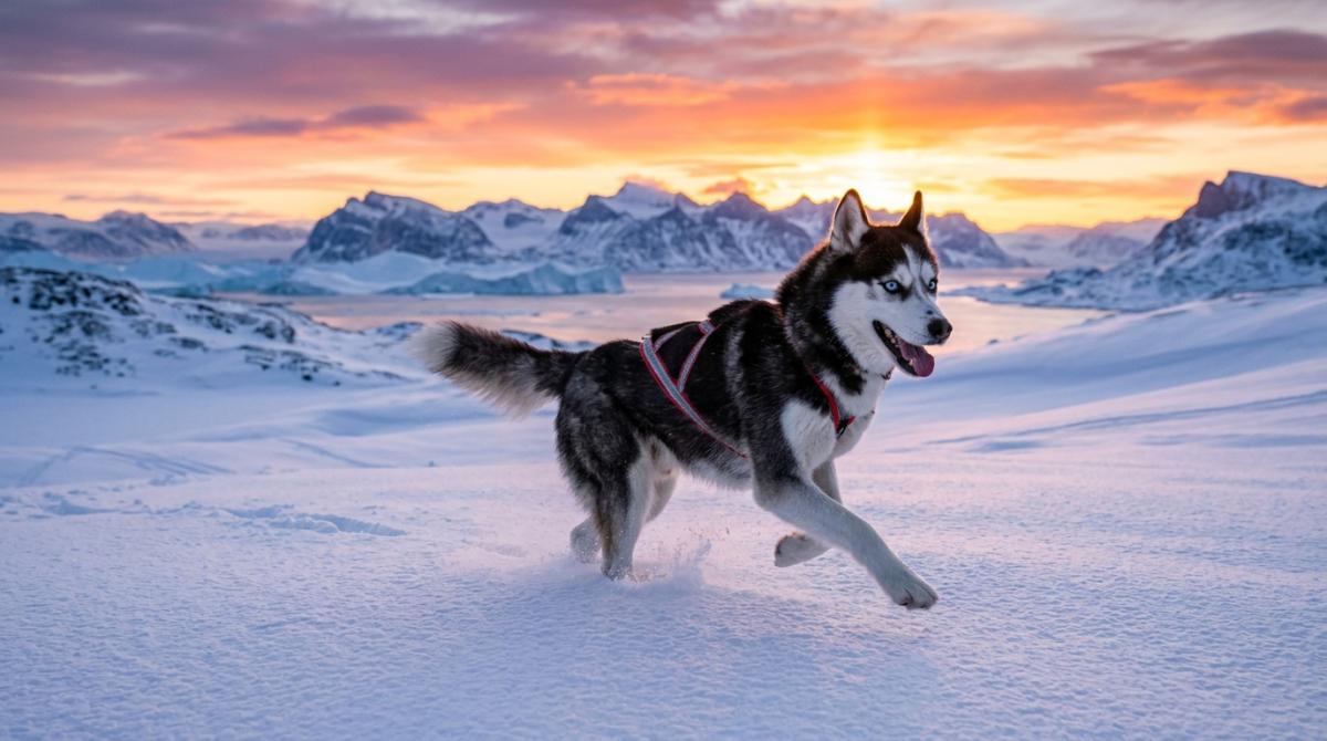 A beautiful Siberian Husky running across a snowy Arctic landscape during a vibrant sunrise.